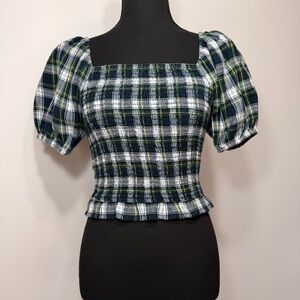American Eagle plaid smocked puff sleeve crop top tee • cottagecore • size XS